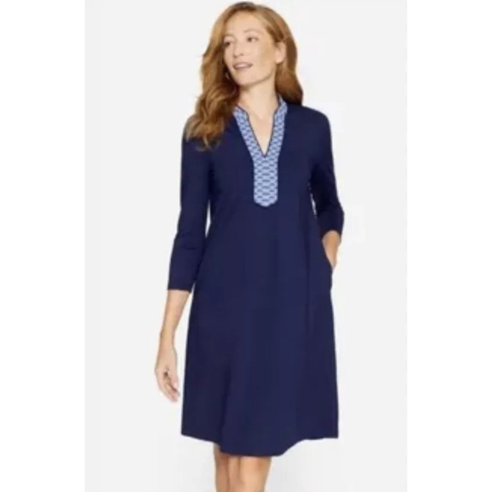 J. McLaughlin Dress M Carmine Navy Blue Print Placket Knee Length Catalina Cloth